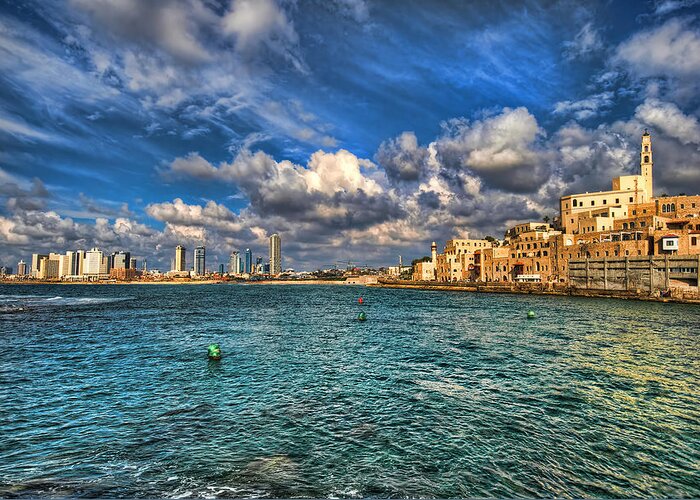 Old City Greeting Card featuring the photograph Tel Aviv Jaffa shoreline by Ron Shoshani
