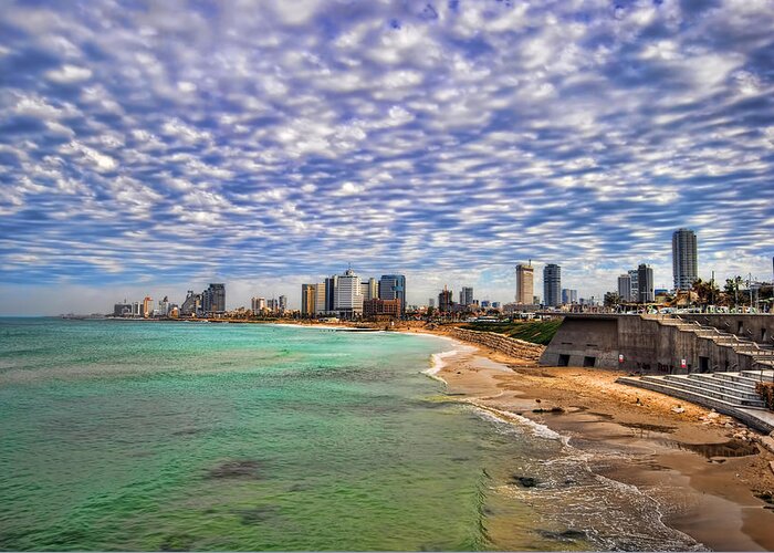 Israel Greeting Card featuring the photograph Tel Aviv turquoise sea at springtime by Ron Shoshani