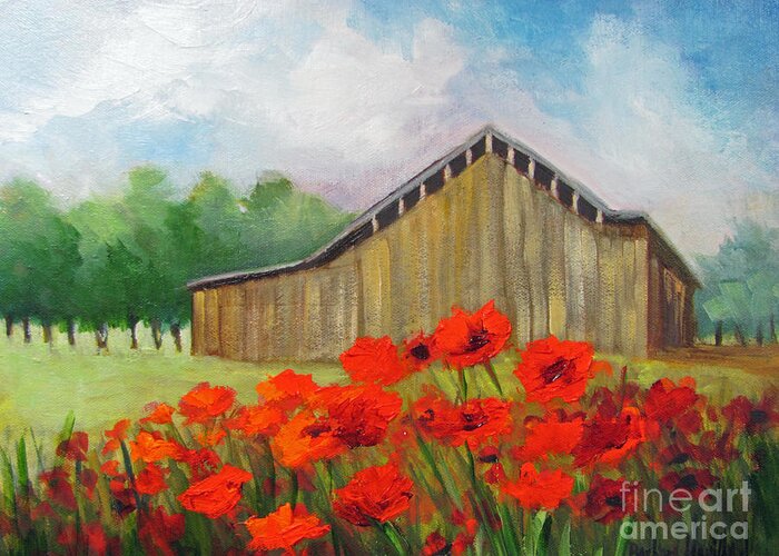 Barn Greeting Card featuring the painting Tennessee Barn with Red Poppies by Barbara Haviland