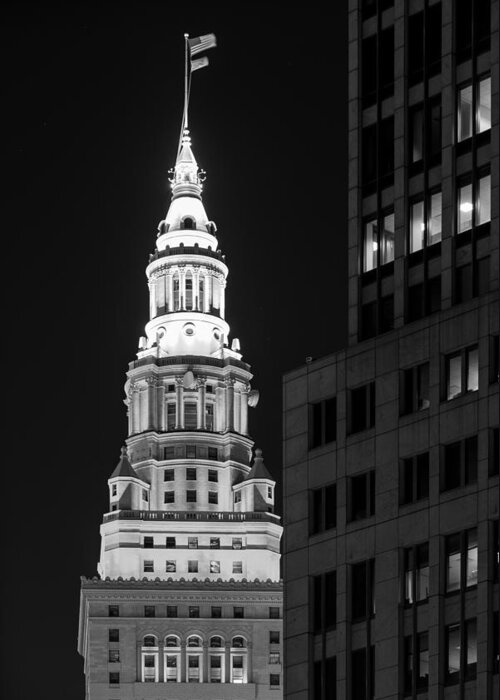 Terminal Tower Greeting Card featuring the photograph Terminal Tower in Black and White by Clint Buhler