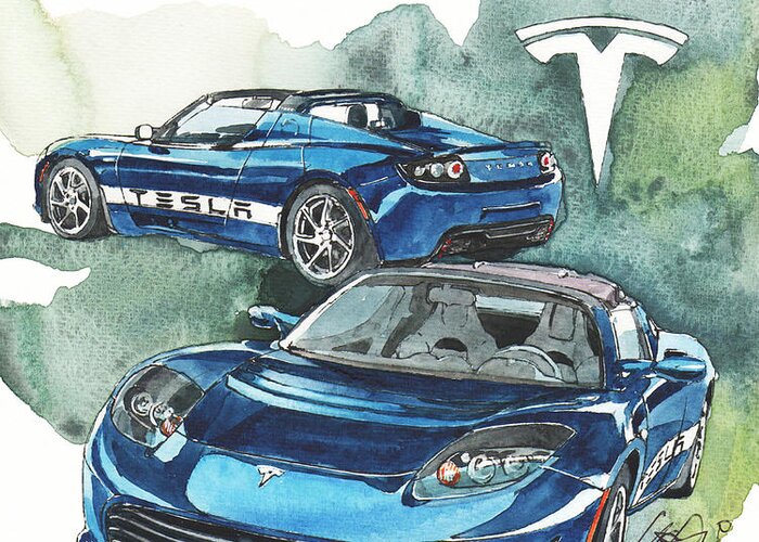 Electric Sport Car Tesla Greeting Card featuring the painting Tesla by Yoshiharu Miyakawa