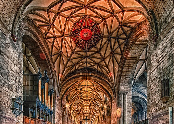 Abbey Cathedral Church Medieval Hdr Gloucestershire Uk England Arches Candles Gothic Greeting Card featuring the photograph Tewkesbury Abbey IIII by Jack Torcello