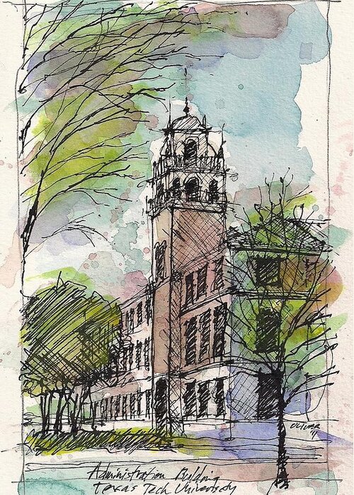 Texas Tech University Greeting Card featuring the mixed media Texas Tech Administration Building by Tim Oliver