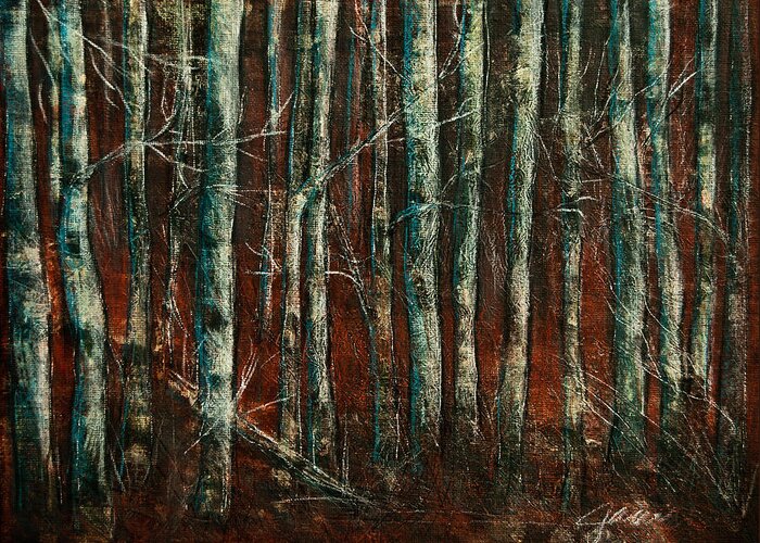 Red Willow Greeting Card featuring the painting Textured Birch Forest by Jani Freimann