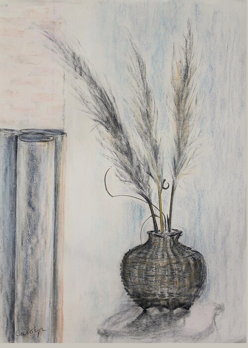 Still Life Drawing Greeting Card featuring the drawing Thai Fishing Basket with Pampas Grass Plumes by Asha Carolyn Young