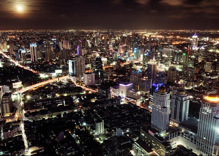 Downtown District Greeting Card featuring the photograph Thailand, Bangkok, Night Cityscape by Henryk Sadura