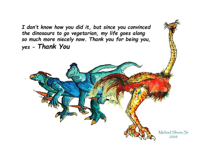 Dinosaurs Greeting Card featuring the painting Dinosaur Thank You Card by Michael Shone SR