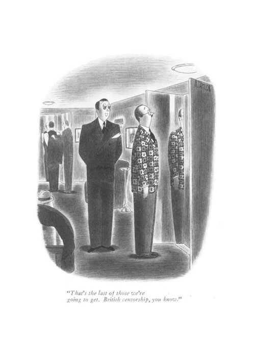 111735 Rta Richard Taylor Salesman To Customer Trying On Loud Sports Jacket. Appearances Attire Boutique Britain Censor Censored Censors Clothes Clothing Coat Control Customer Dress Dressing England Fashion Great Jacket Kingdom Looks Loud Order Room Sale Sales Salesman Sell Selling Shipment Shop Shopping Sports Style Suit Suits Trying United Greeting Card featuring the drawing That's The Last Of Those We're Going To Get by Richard Taylor