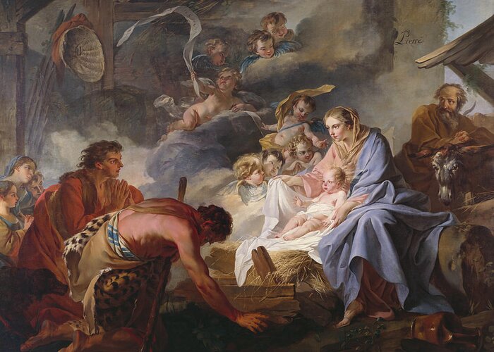 The Adoration Of The Shepherds Greeting Card featuring the painting The Adoration of the Shepherds by Jean Baptiste Marie Pierre