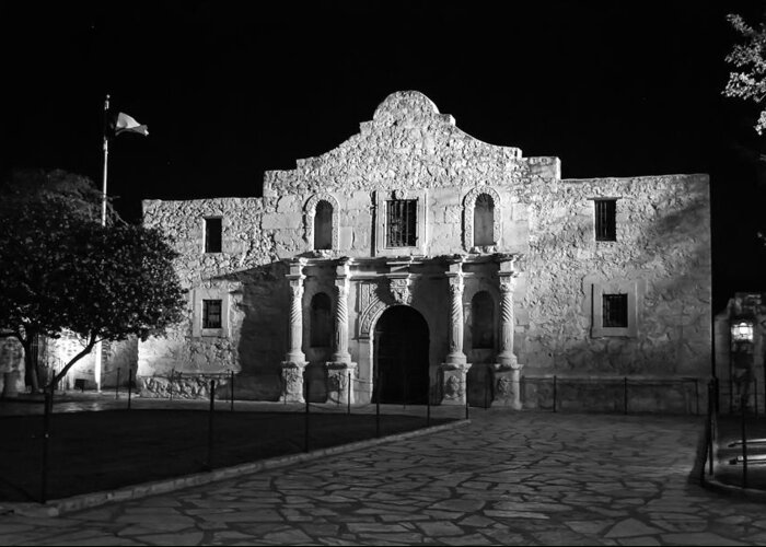 Lights Greeting Card featuring the photograph The Alamo at Night in Black and White by Gregory Ballos