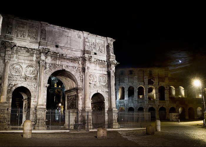 Rome Greeting Card featuring the photograph The Arch of Constantine and the Colosseum at night by Weston Westmoreland
