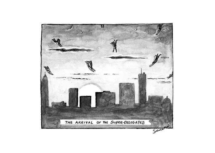 
The Arrival Of The Super-delegates: Title. In A Night Sky Over A City Greeting Card featuring the drawing The Arrival Of The Super-delegates by Charles Sauers