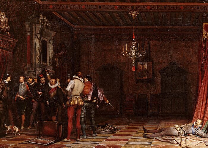Paul Delaroche Greeting Card featuring the painting The assassination of the Duke of Guise in Chateau de Blois by Paul Delaroche