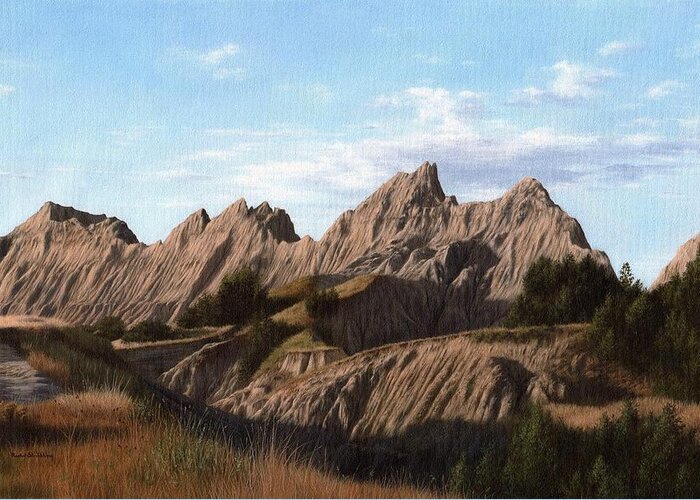 Badlands Greeting Card featuring the painting The Badlands in South Dakota Oil Painting by Rachel Stribbling