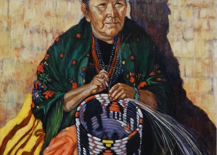 Native Greeting Card featuring the painting The Basket Weaver by Charles Munn