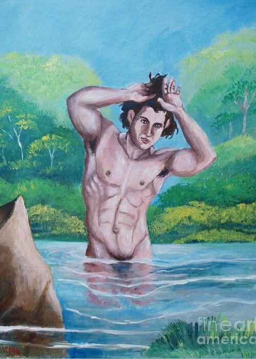 Water Greeting Card featuring the painting The bather by Jean Pierre Bergoeing