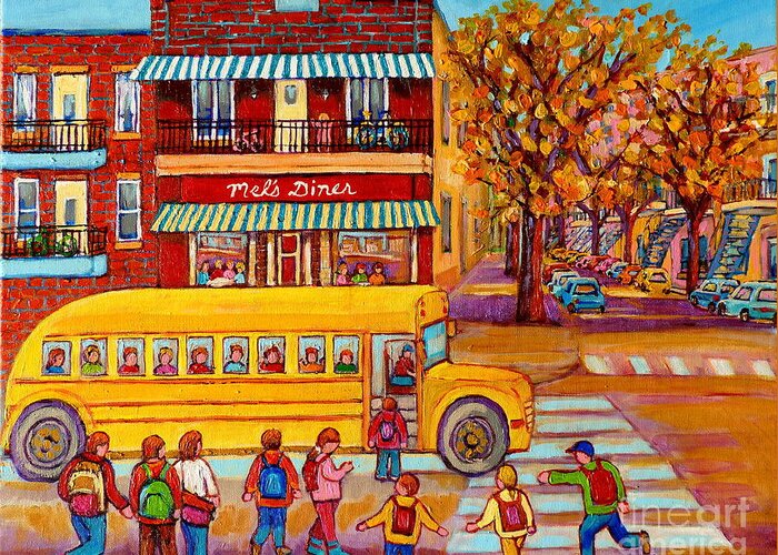 Yellow School Bus Greeting Card featuring the painting The Big Yellow School Bus Street Scene Paintings Of Montreal by Carole Spandau