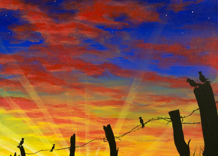 Barbwire Fence Greeting Card featuring the painting The Birds - Red Sky at Night by Jack Malloch