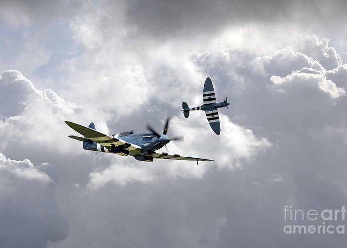 Supermarine Spitfire Greeting Card featuring the digital art The Blue Spitfires by Airpower Art