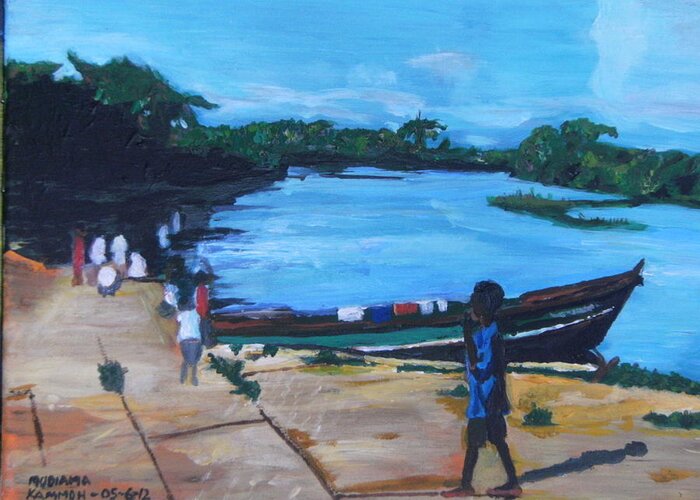  Landscape Mattru Jetty Southern Sierra Leone. Boy And Boat. Greeting Card featuring the painting The Boy Porter Sierra Leone by Mudiama Kammoh