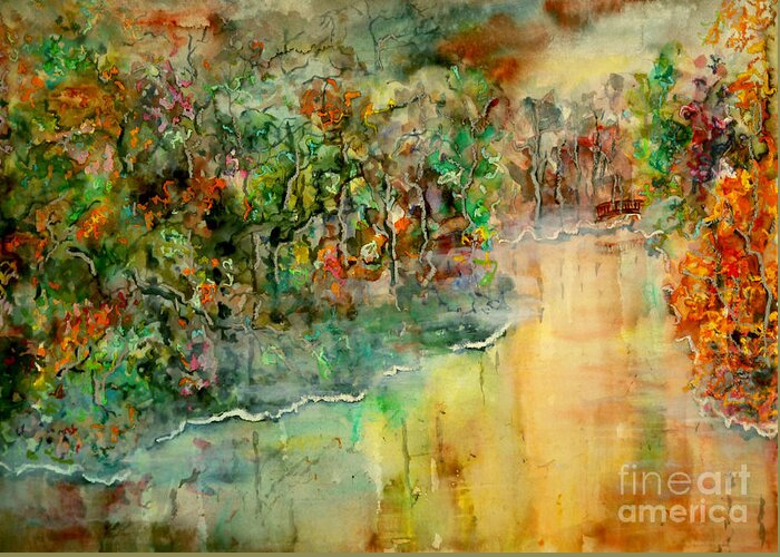 Watercolor Greeting Card featuring the painting The Bridge by Almo M