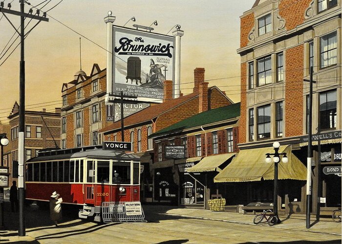 Toronto Greeting Card featuring the painting Yonge and College Streets 1917 aka The Brunswick 1917 by Kenneth M Kirsch