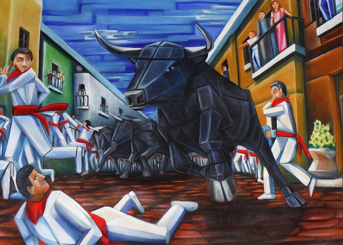 Spain Greeting Card featuring the painting The Bull Run in Pamplona by Ruben Archuleta - Art Gallery