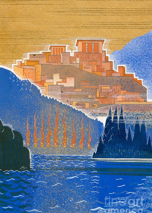 Blue Greeting Card featuring the painting The City of Troy from the Sea by Francois-Louis Schmied