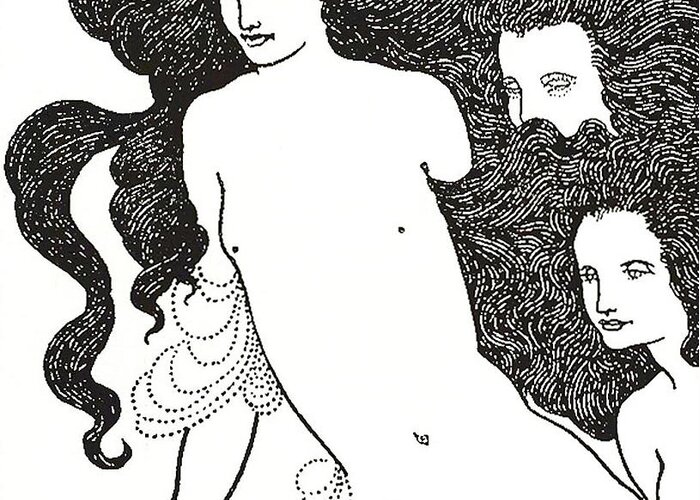 Monochrome; Monochromatic; Black And White; Illustrator; Illustration; Ink; Drawing; Drawings; Black; Aesthetic Movement; Art Nouveau; Poster Style; Style; Stylistic; Dark; Bold; Contrast; Stark; Contrasting; 19th Century; Cover; Design; Rhinegold; Rheingold; Rhine Gold; Opera; Richard Wagner; Long Hair; Hair; Flowing; Locks; Nude; Naked; Wagnerism; Decadence; Decadent; Wagnerite; Wagnerites; Comedy; Opera; Operas; Aubrey Greeting Card featuring the drawing The Comedy of the Rhinegold by Aubrey Beardsley