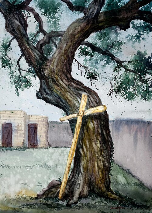 Cross Greeting Card featuring the painting The Cross and the Tree by Daniel Adams