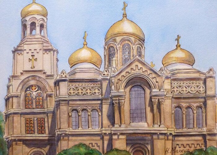Architecture Greeting Card featuring the painting The Dormition of the Mother of God Cathedral Varna Bulgaria by Henrieta Maneva