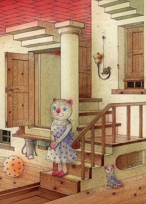 Cat Dream Room Red Blue Escher Greeting Card featuring the painting The Dream Cat 06 by Kestutis Kasparavicius