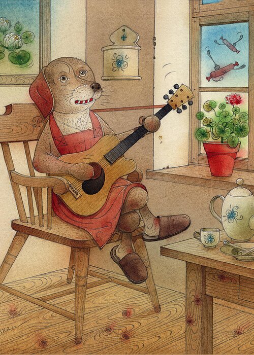Dog Song Guitar Music Breakfast Kitchen Dream Brown Red Window Greeting Card featuring the painting The Dream Cat 22 by Kestutis Kasparavicius