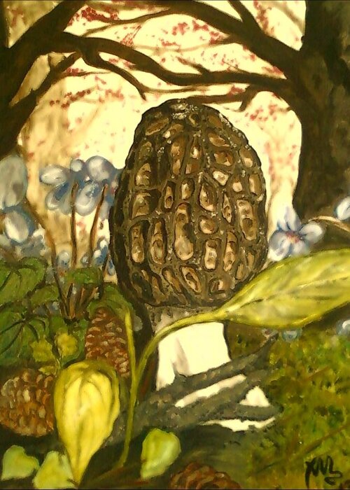Morel Greeting Card featuring the painting The Elusive Morel Among Violets by Alexandria Weaselwise Busen