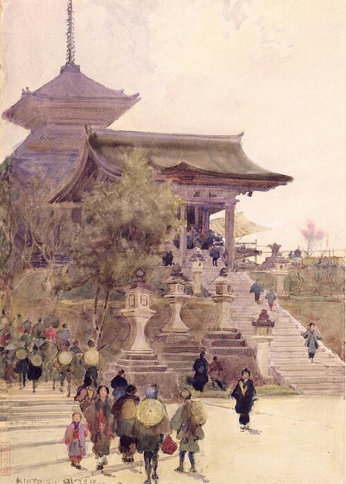 Kimono Greeting Card featuring the drawing The Entrance To The Temple by Alfred East