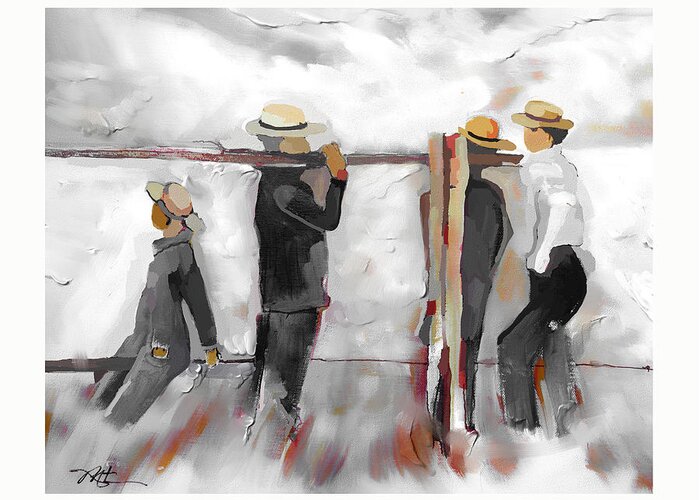 Amish Greeting Card featuring the painting The Fence Builders by Bob Salo
