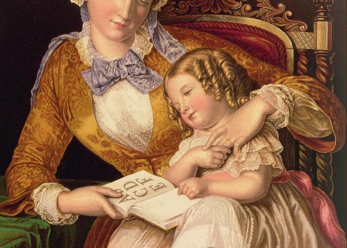 Reading; Mother And Child; Alphabet; Ringlet Greeting Card featuring the painting The First Lesson by Samuel Baruch Halle