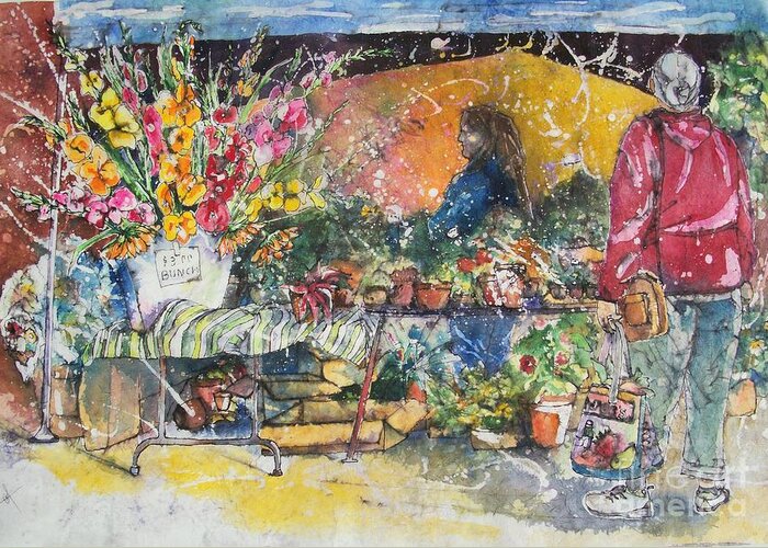 Old Colorado City Greeting Card featuring the painting The Flower Vendor by Carol Losinski Naylor