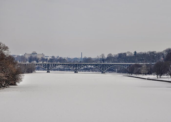 The Frozen Schuylkill And Strawberry Mansion Bridge Greeting Card featuring the photograph The Frozen Schuylkill and Strawberry Mansion Bridge by Bill Cannon