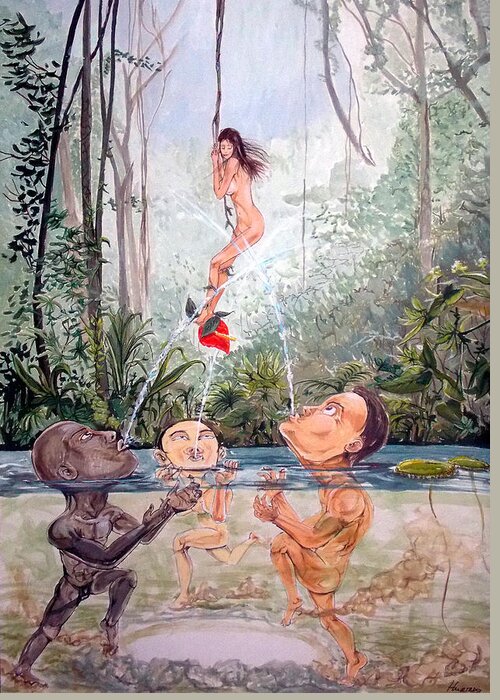 Surrealist Greeting Card featuring the painting The game of the river by Lazaro Hurtado