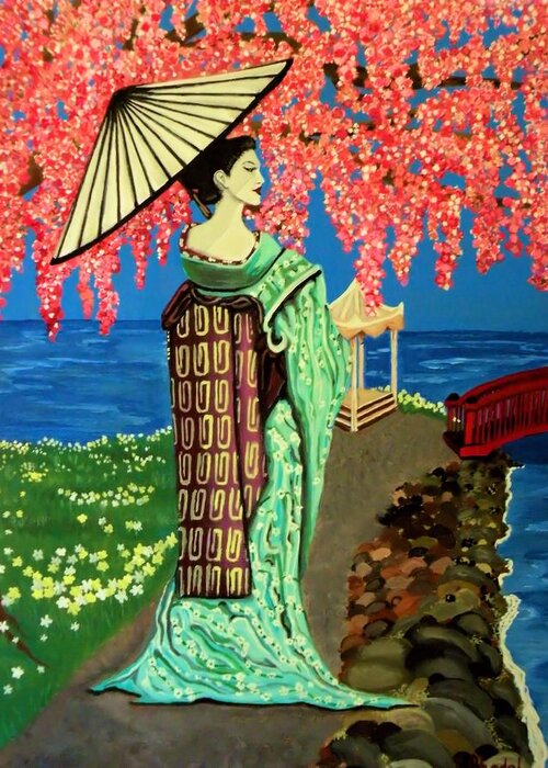 Geisha Greeting Card featuring the painting The Geisha by Victoria Rhodehouse