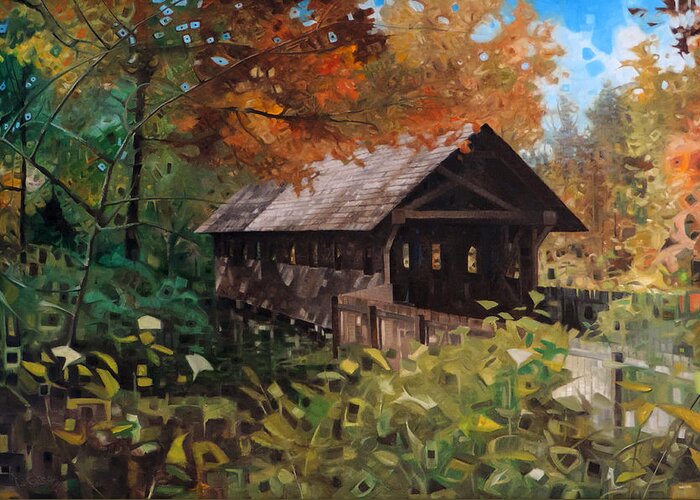 Landscape Greeting Card featuring the painting The Gilliland Covered Bridge by T S Carson