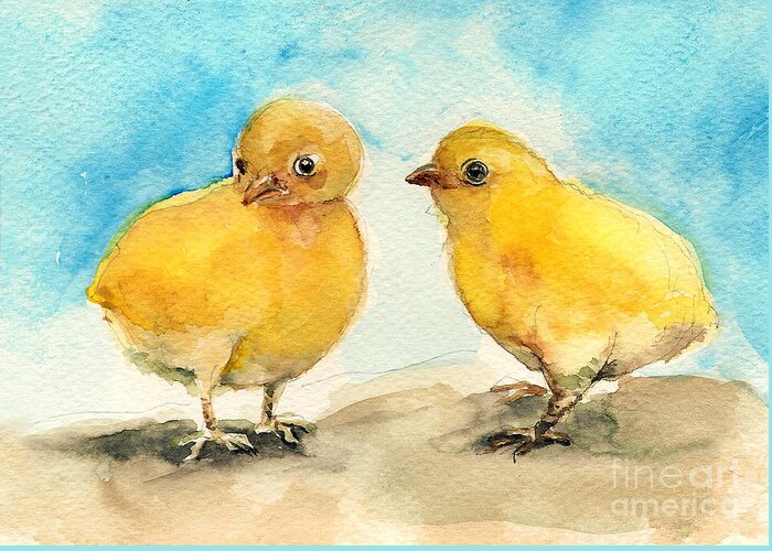 Chicks Greeting Card featuring the painting The gossiping chicks by Asha Sudhaker Shenoy
