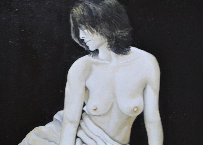 This Is A Painting Of A Topless Woman With A Towel Around Her Waist. The Painting Is Done In Black And White And Some Light Colors Of Brown. I Wanted The Painting To Look Like A Photo Taken In The Early 1900's.  Greeting Card featuring the painting The Gray Nude by Martin Schmidt