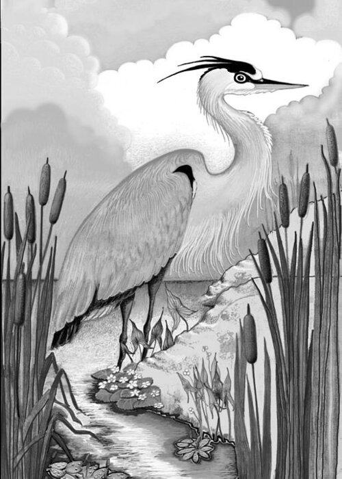 Heron Greeting Card featuring the digital art The Great Blue in Grey by Carol Jacobs