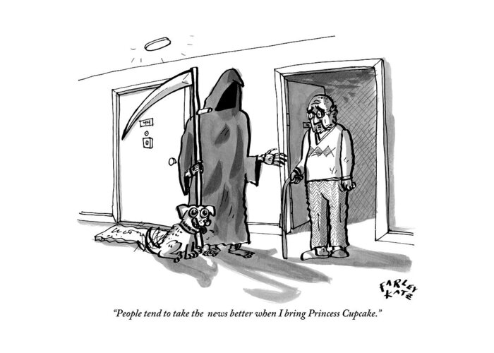 #condenastnewyorkercartoon Greeting Card featuring the drawing The Grim Reaper Brings A Small Puppy by Farley Katz