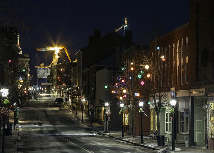 Bath Maine Front Street Main Street Holiday Christmas Night Greeting Card featuring the photograph The Guardian by David Hufstader