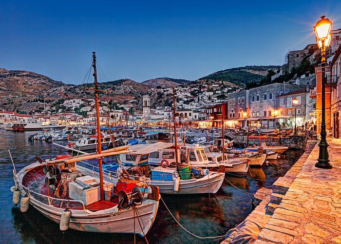 Aegean Greeting Card featuring the photograph The harbor of Hydra by night - Greece by Constantinos Iliopoulos
