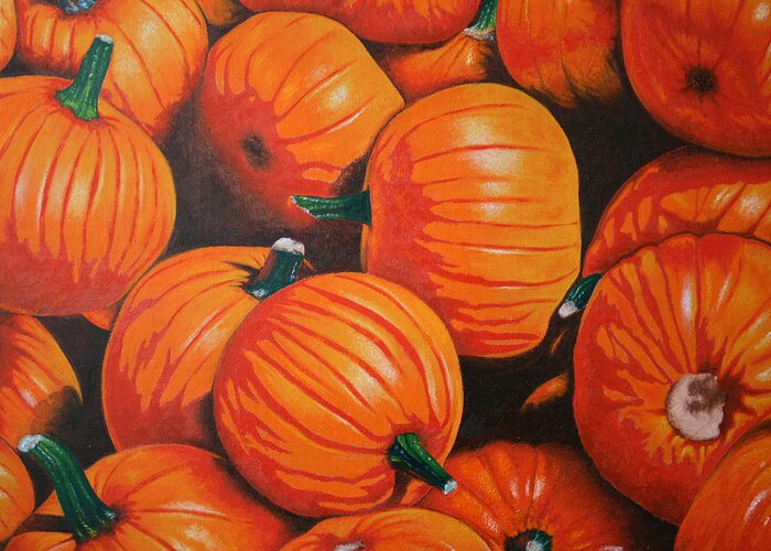 Pumpkins Greeting Card featuring the painting The Harvest by Stephen J DiRienzo