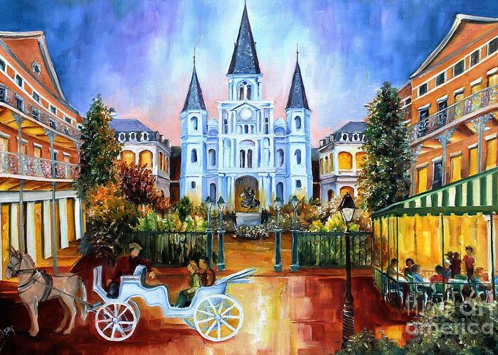 New Orleans Greeting Card featuring the painting The Hours on Jackson Square by Diane Millsap